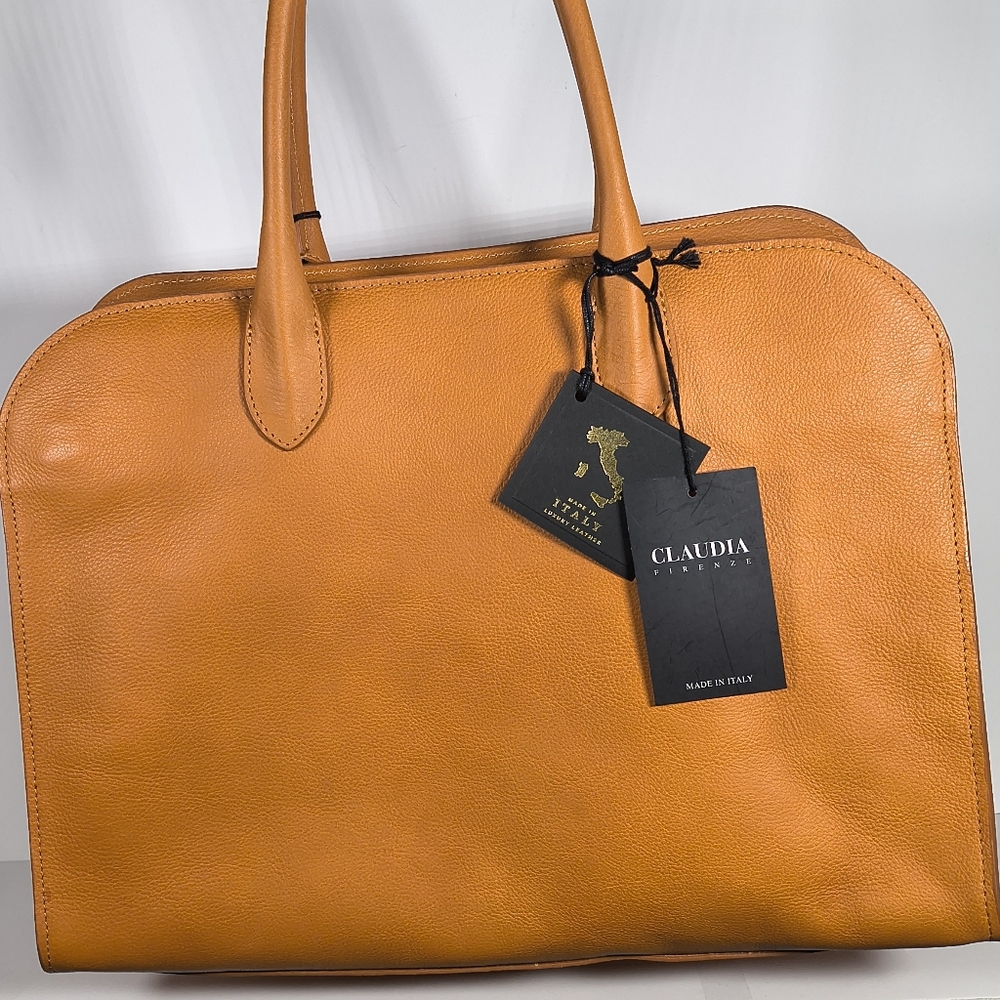 Claudia Firenze Large Tan Leather Tote Bag Shoulder Bag Hand Bag Crossbody Bag